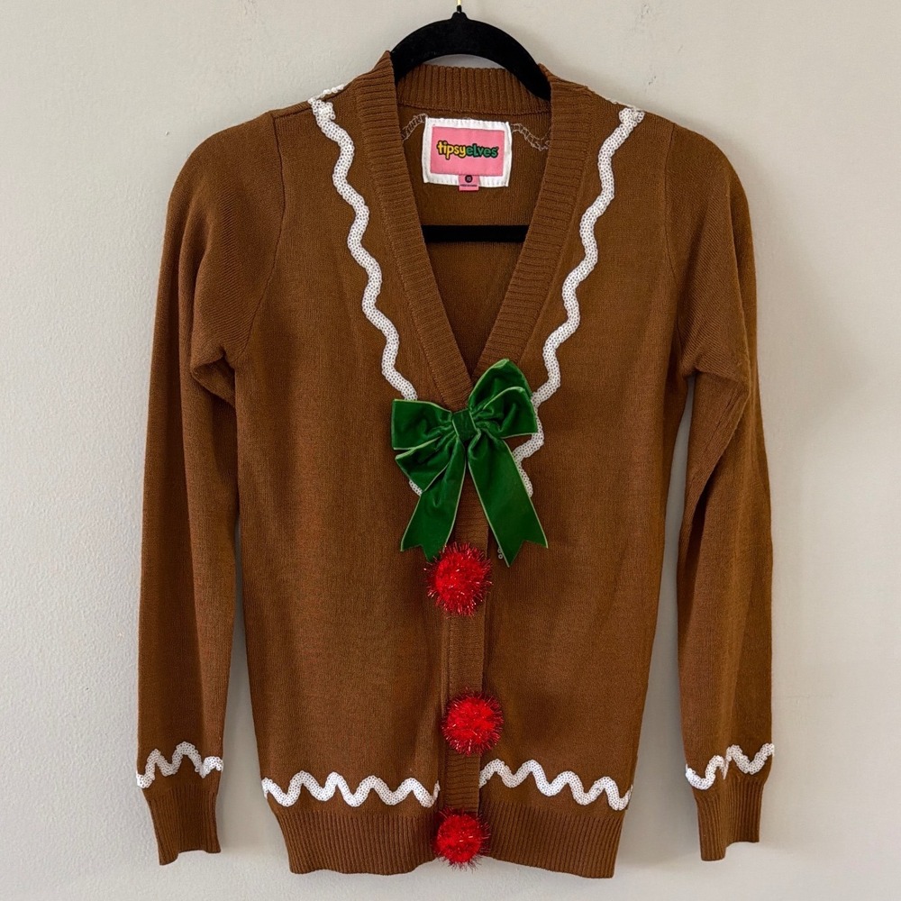 Tipsy Elves Gingerbread‎ Man Cardigan Sweater Brown Sequin Velvet Bow Womens XS